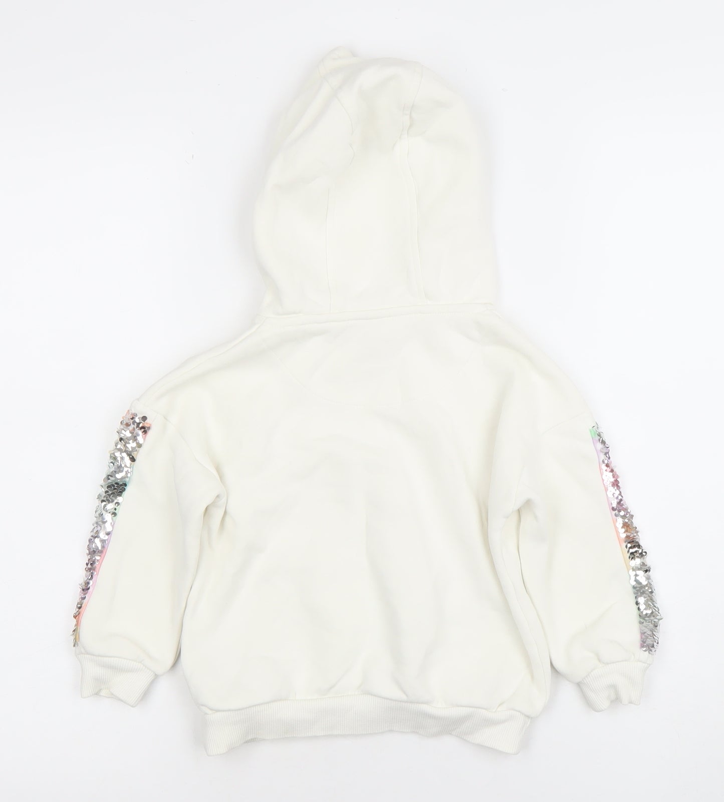 F&F Girls White Sequin Sleeve Pullover Hoodie 3-4 Years Cotton Blend