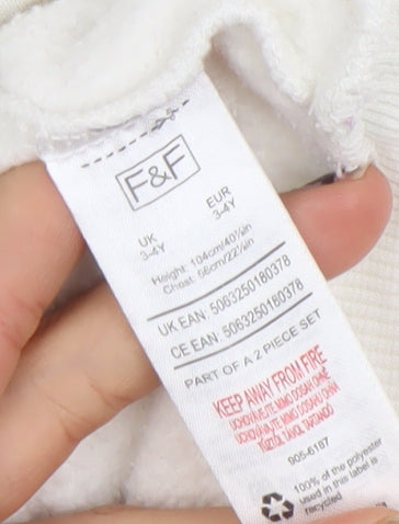 F&F Girls White Sequin Sleeve Pullover Hoodie 3-4 Years Cotton Blend