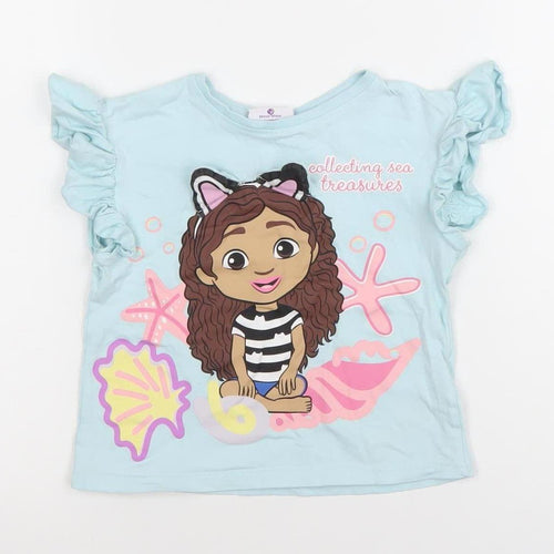Gabby's Dollhouse Girls Blue Ruffle Sleeve T-Shirt 10 Years Cotton Graphic Top
