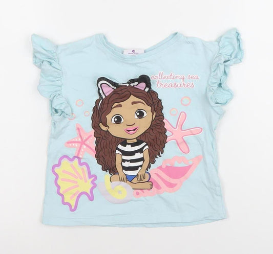 Gabby's Dollhouse Girls Blue Ruffle Sleeve T-Shirt 10 Years Cotton Graphic Top