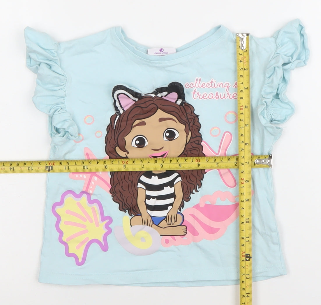 Gabby's Dollhouse Girls Blue Ruffle Sleeve T-Shirt 10 Years Cotton Graphic Top