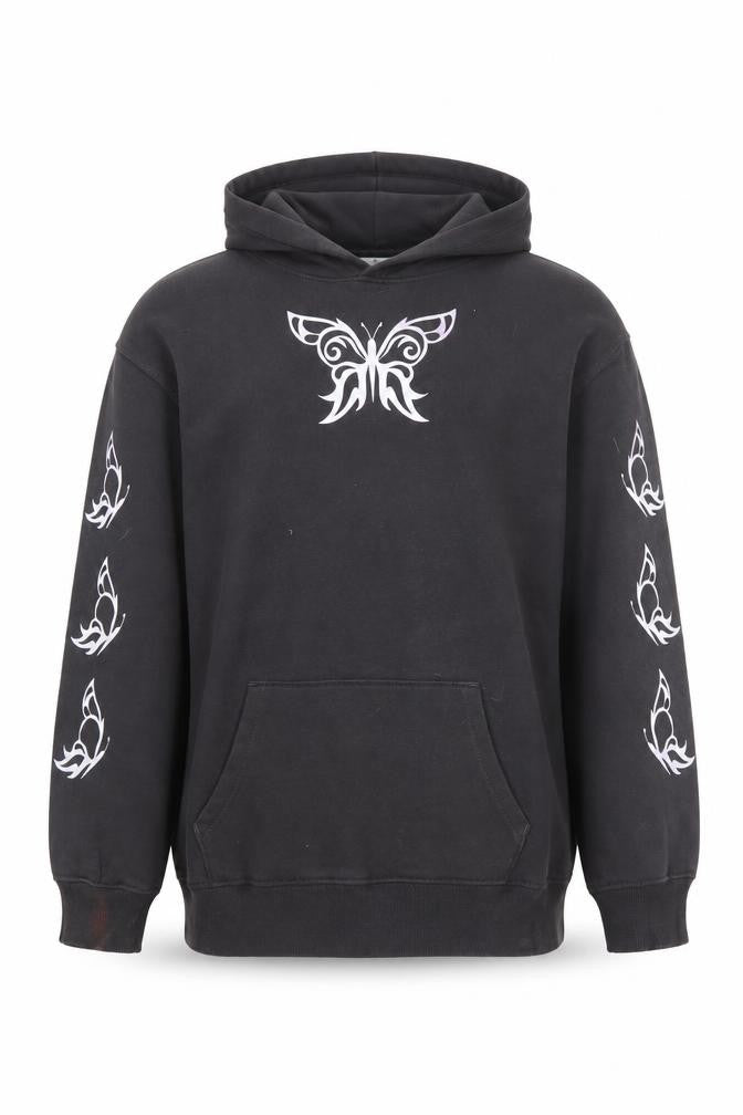 Front view of H&M girls’ black butterfly graphic pullover hoodie - 14 years
