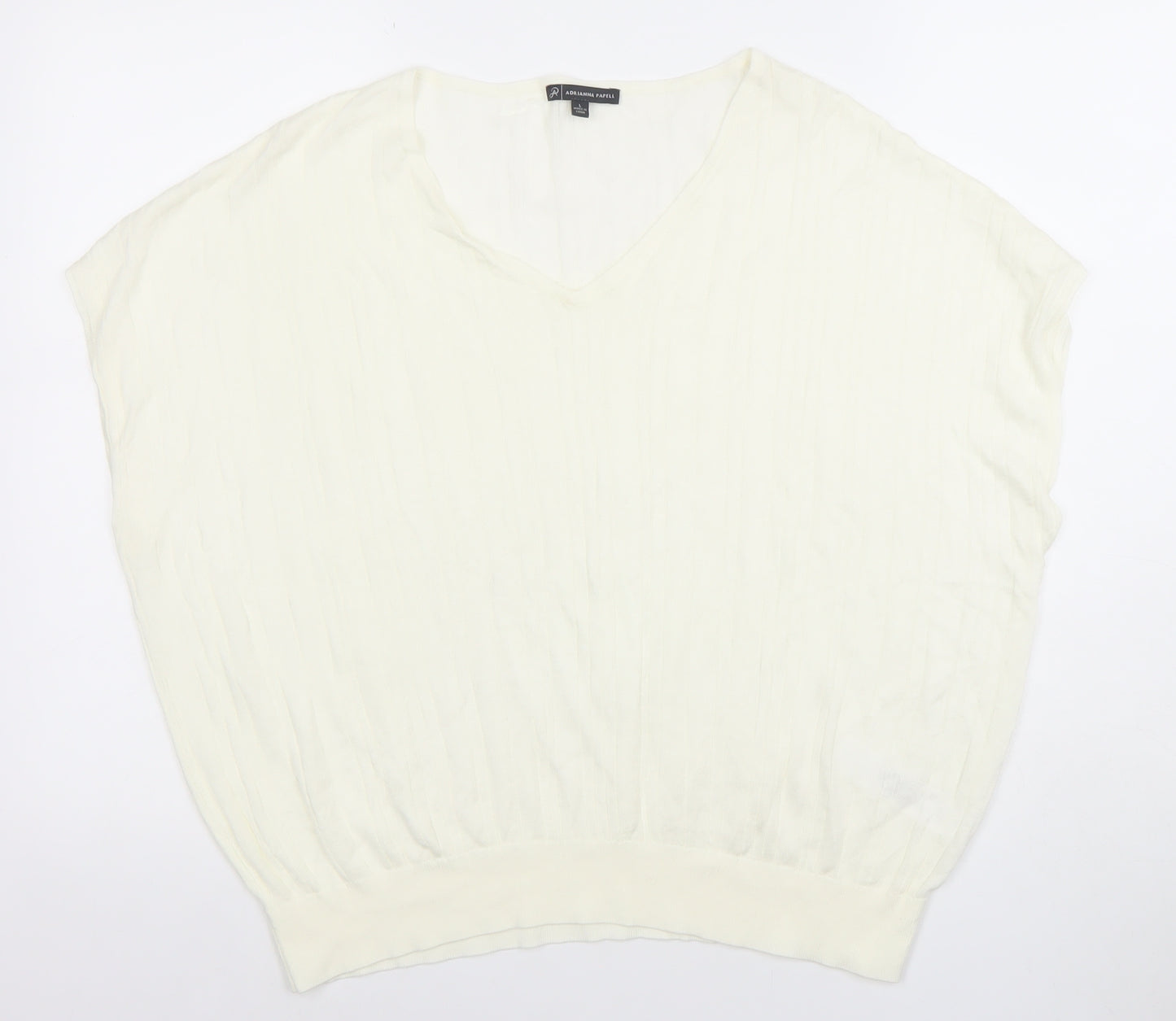 Adrianna Papell Women Ivory Knit V-Neck Relaxed Fit Blouse L