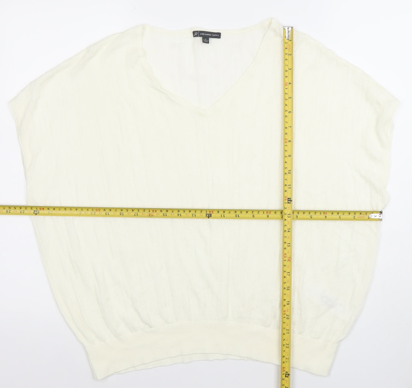 Adrianna Papell Women Ivory Knit V-Neck Relaxed Fit Blouse L