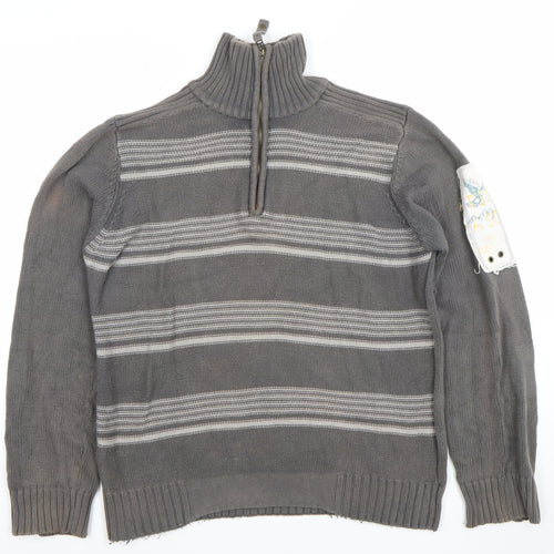 4 YOU JNS Men’s Grey Striped 1/4 Zip High Neck Cotton Jumper Size M