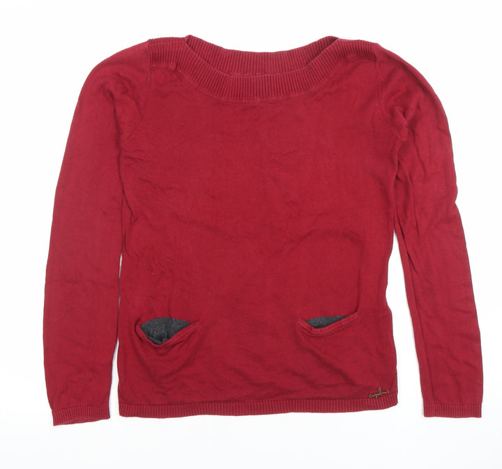 ONLY Women Red Knit Long Sleeve Boat Neck Cotton Blend Top L
