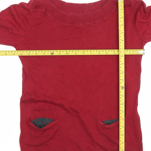ONLY Women Red Knit Long Sleeve Boat Neck Cotton Blend Top L
