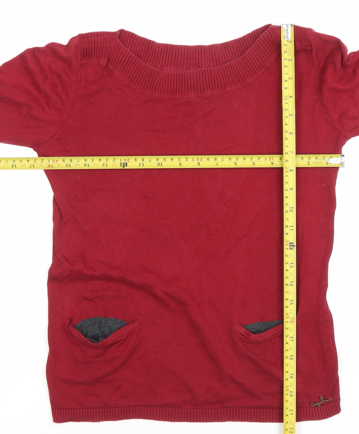 ONLY Women Red Knit Long Sleeve Boat Neck Cotton Blend Top L