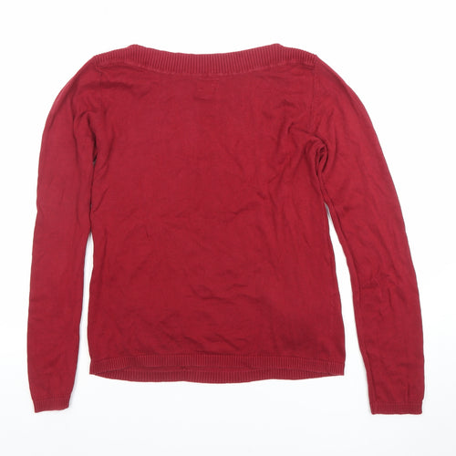 ONLY Women Red Knit Long Sleeve Boat Neck Cotton Blend Top L