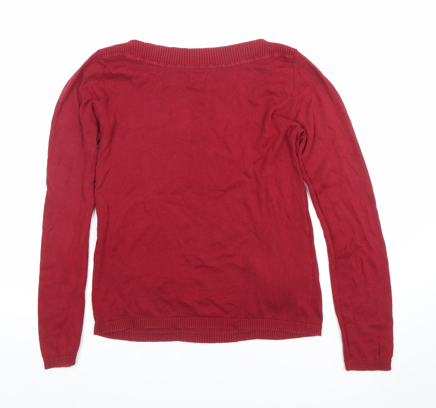 ONLY Women Red Knit Long Sleeve Boat Neck Cotton Blend Top L