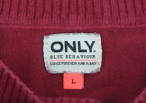 ONLY Women Red Knit Long Sleeve Boat Neck Cotton Blend Top L