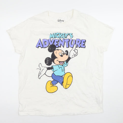 Disney Women's White Mickey Mouse Adventure L Cotton T-Shirt