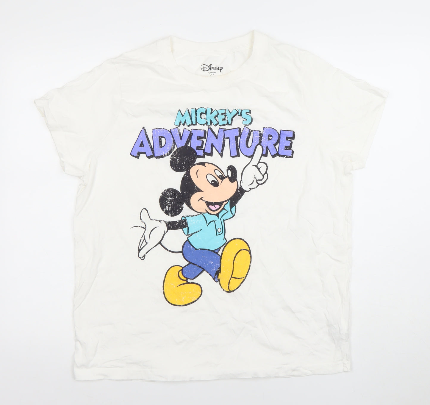 Disney Women's White Mickey Mouse Adventure L Cotton T-Shirt
