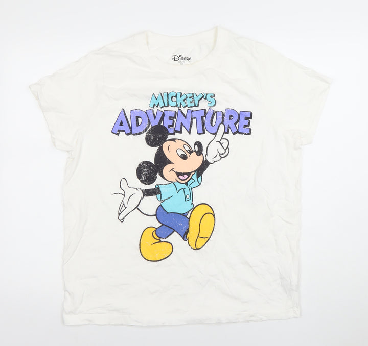 Disney Women's White Mickey Mouse Adventure L Cotton T-Shirt
