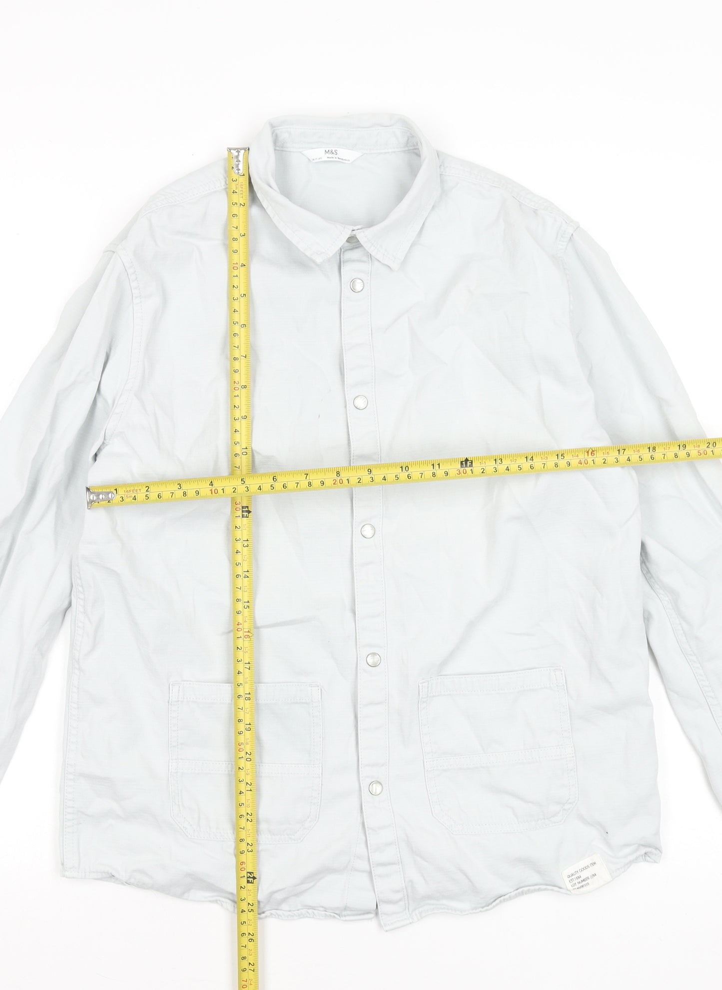Marks and Spencer Boys Grey Cotton Long Sleeve Button-Up Shirt 14-15 Years