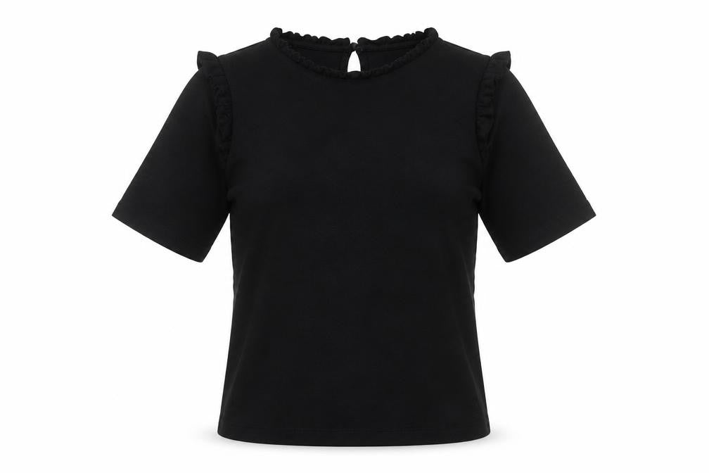 Front view of b.young Women's Black Ruffle High Neck Short Sleeve Blouse, size S