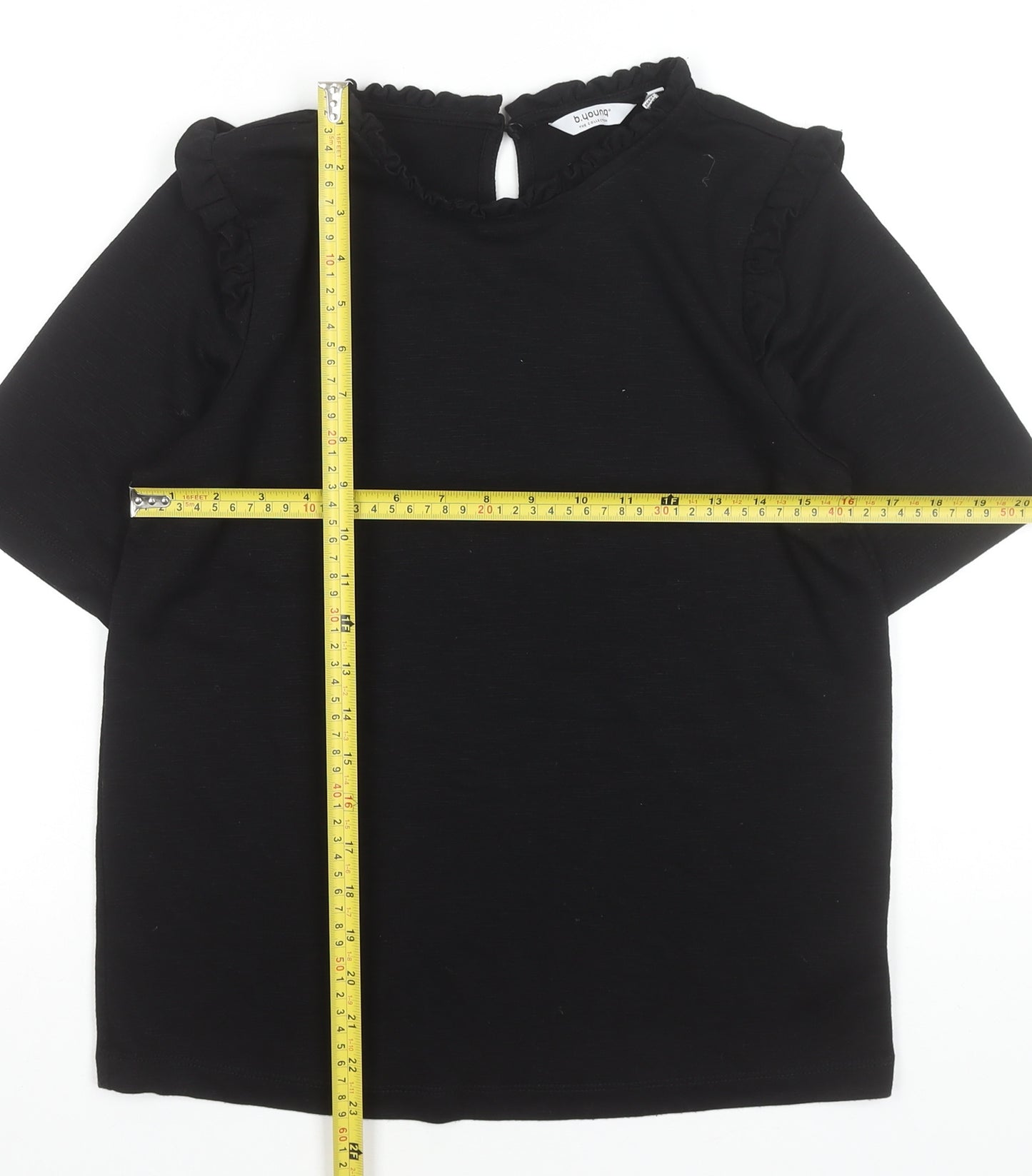 b.young Women's Black Ruffle High Neck Short Sleeve Blouse Size S