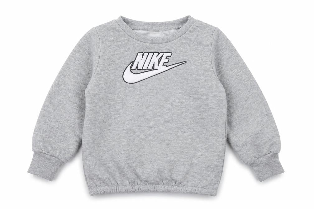 Front view of Nike boys’ grey pullover sweatshirt 2 years logo crew neck fleece