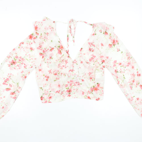 SBetro Womens Floral Chiffon Ruffle V-Neck Cropped Blouse - L