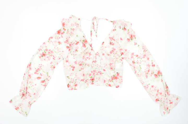 SBetro Womens Floral Chiffon Ruffle V-Neck Cropped Blouse - L