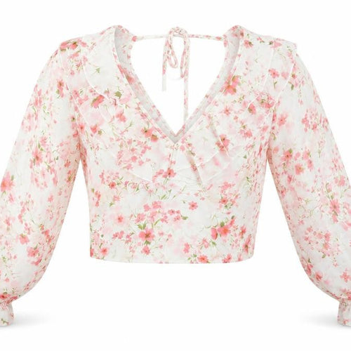 SBetro Womens Floral Chiffon Ruffle V-Neck Cropped Blouse - L
