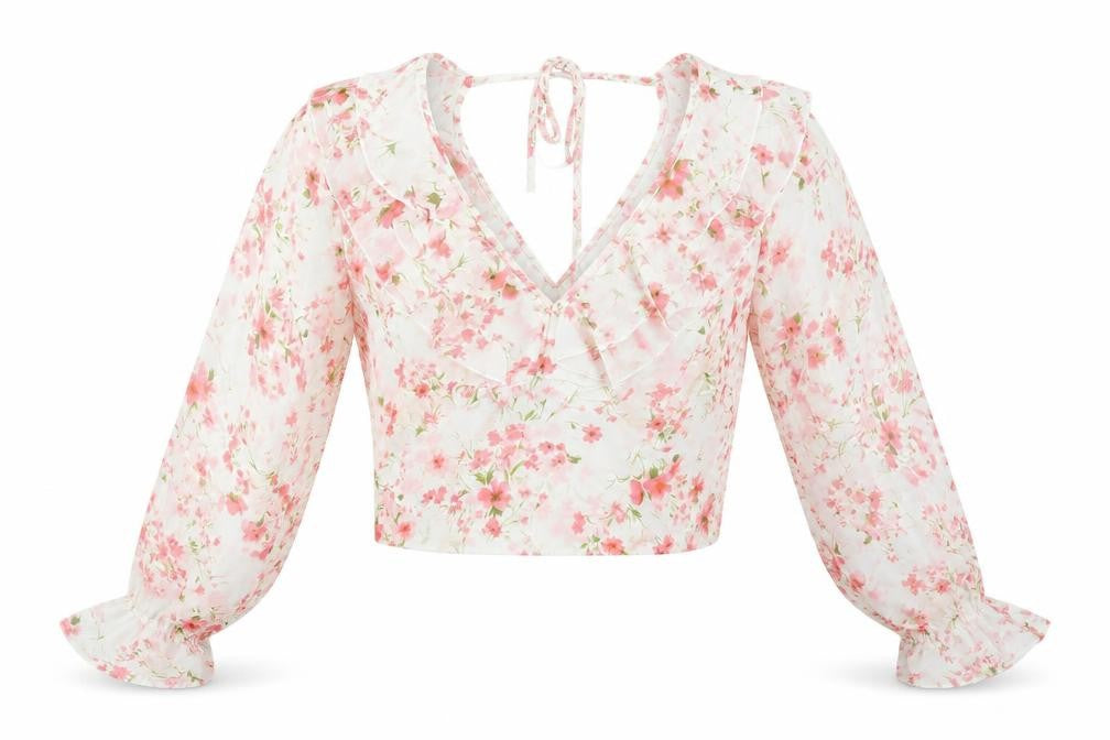SBetro Womens Floral Chiffon Ruffle V-Neck Cropped Blouse - L