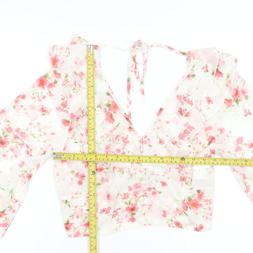 SBetro Womens Floral Chiffon Ruffle V-Neck Cropped Blouse - L