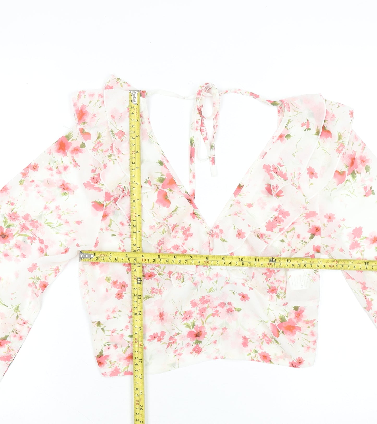 SBetro Womens Floral Chiffon Ruffle V-Neck Cropped Blouse - L