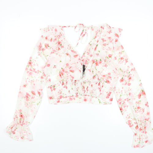 SBetro Womens Floral Chiffon Ruffle V-Neck Cropped Blouse - L