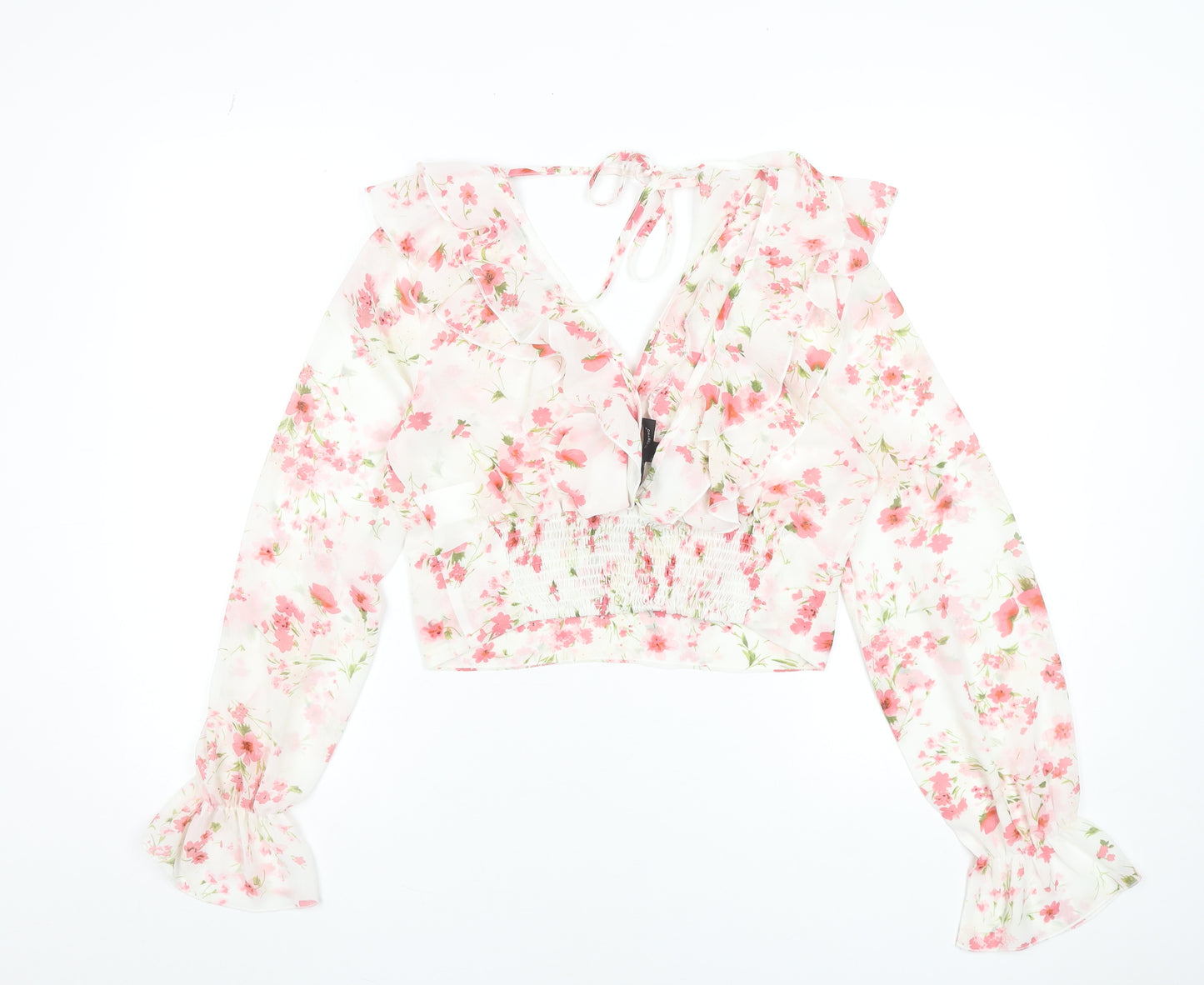 SBetro Womens Floral Chiffon Ruffle V-Neck Cropped Blouse - L