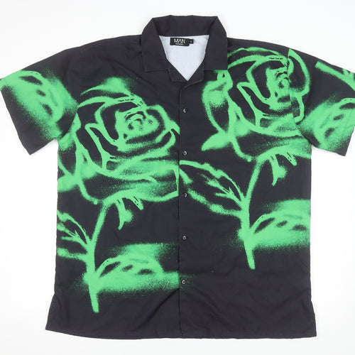 BoohooMAN Men's Black Green Rose Print Button-Up Shirt XL