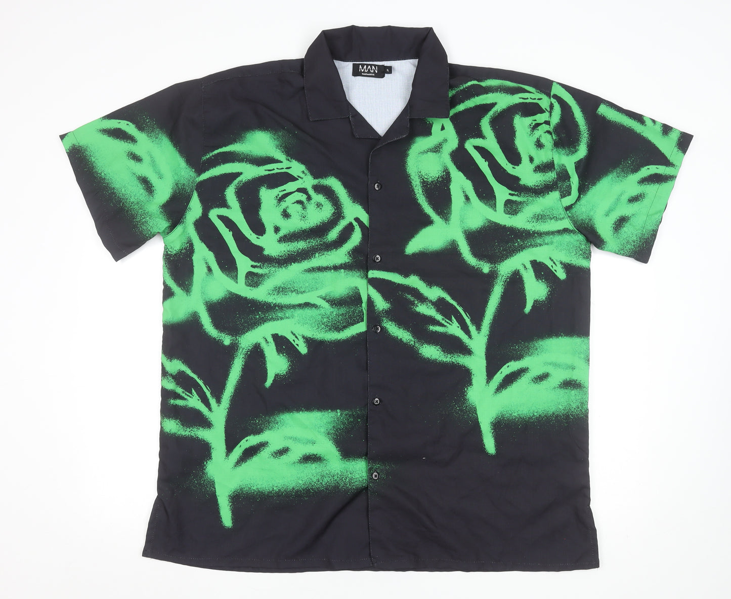 BoohooMAN Men's Black Green Rose Print Button-Up Shirt XL