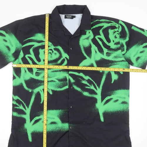 BoohooMAN Men's Black Green Rose Print Button-Up Shirt XL