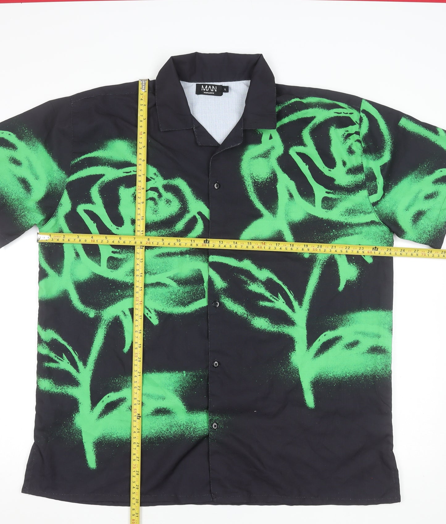 BoohooMAN Men's Black Green Rose Print Button-Up Shirt XL