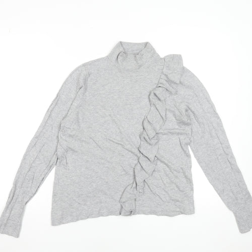 Broadway NYC Fashion Women Grey Large Ruffle Mock Neck Jumper