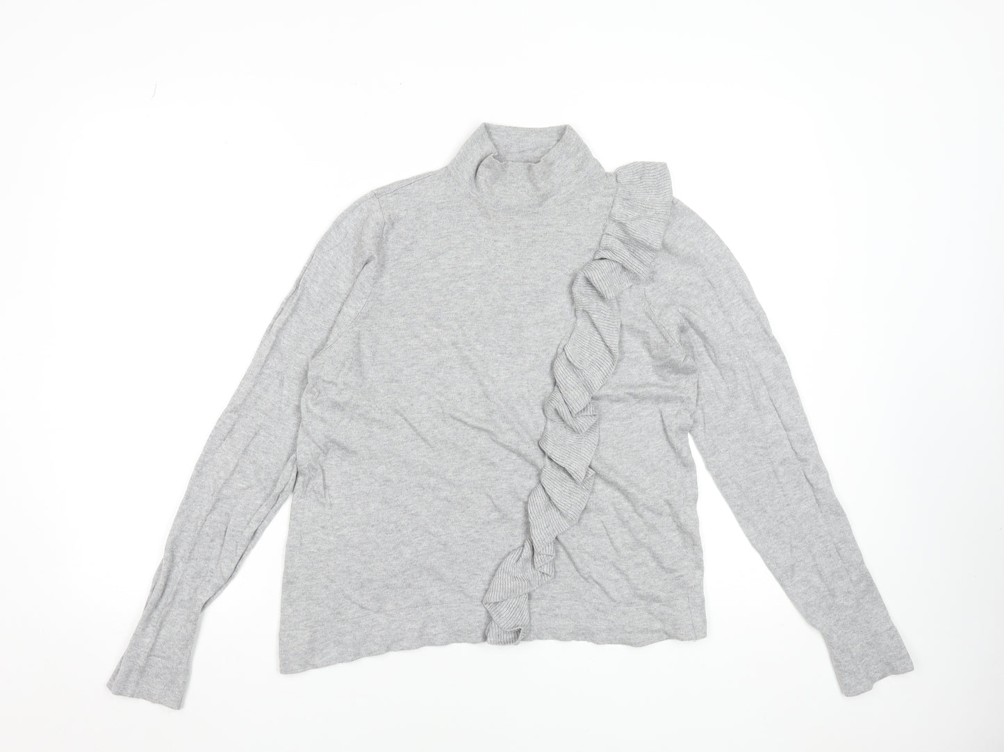 Broadway NYC Fashion Women Grey Large Ruffle Mock Neck Jumper