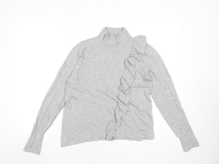 Broadway NYC Fashion Women Grey Large Ruffle Mock Neck Jumper