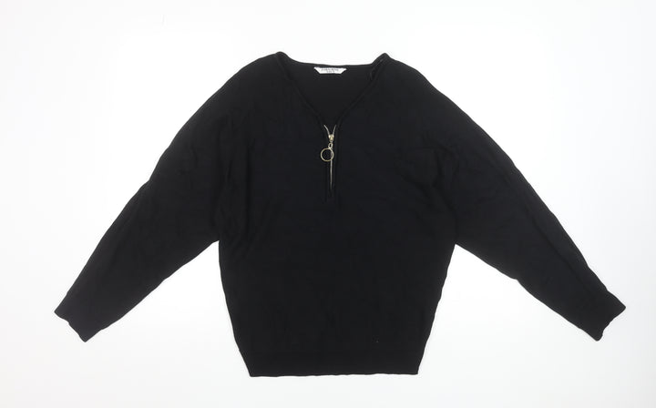 Zabaione Women’s Black V-Neck Half Zip Pullover Jumper Size S