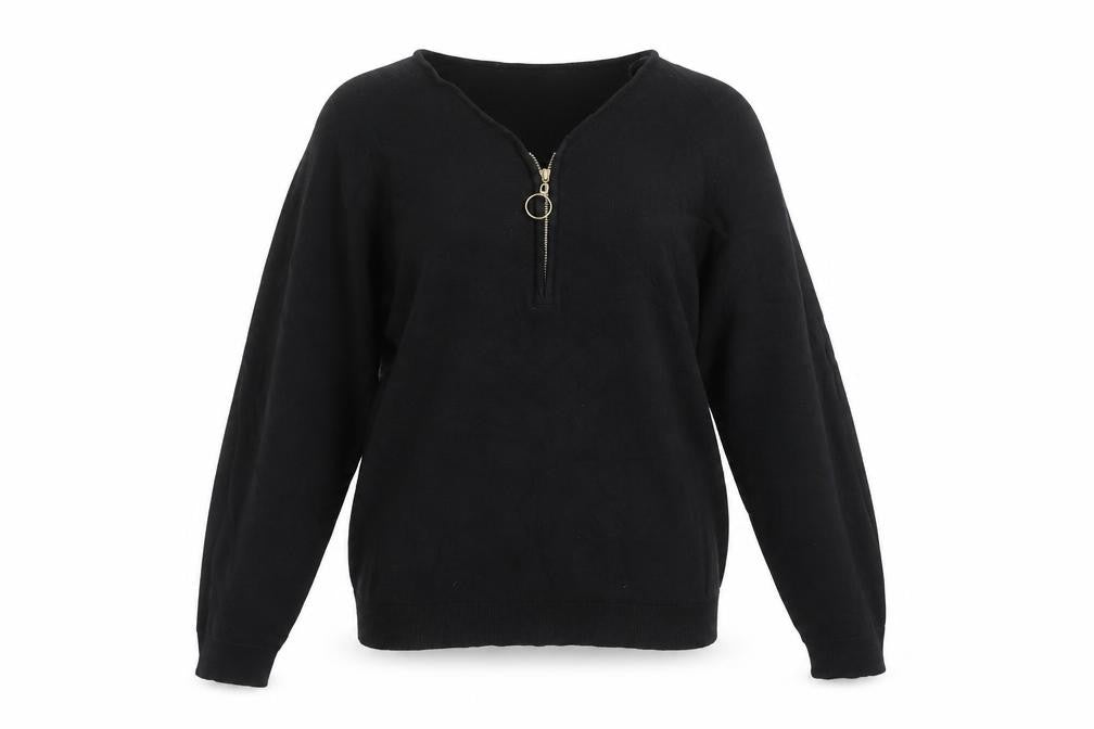 Front view of Zabaione Women’s Black V-Neck Half Zip jumper, size S