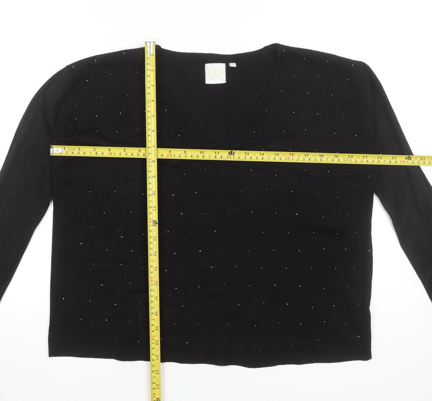 Toi Du Monde Women's Black Beaded V-Neck Knit Top Size S