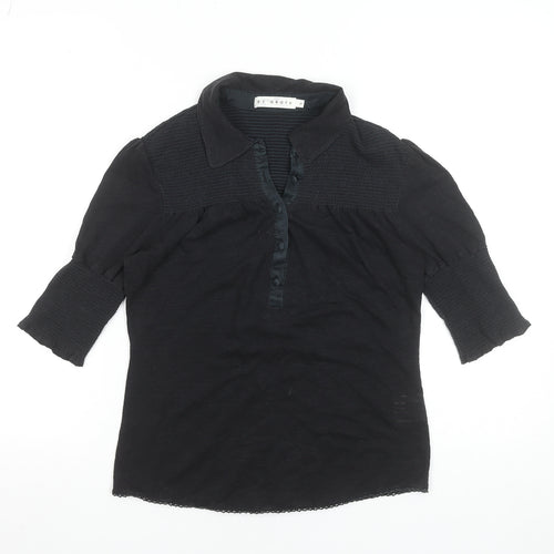 BY GROTH Women's Black Collared Cotton Stretch 3/4 Sleeve Blouse Size S