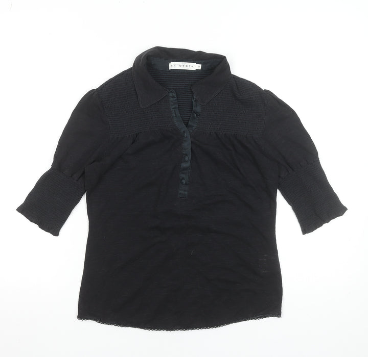BY GROTH Women's Black Collared Cotton Stretch 3/4 Sleeve Blouse Size S