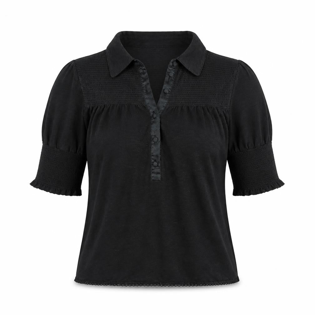Front view of BY GROTH Women's Black Collared Cotton Stretch 3/4 Sleeve Blouse, size S