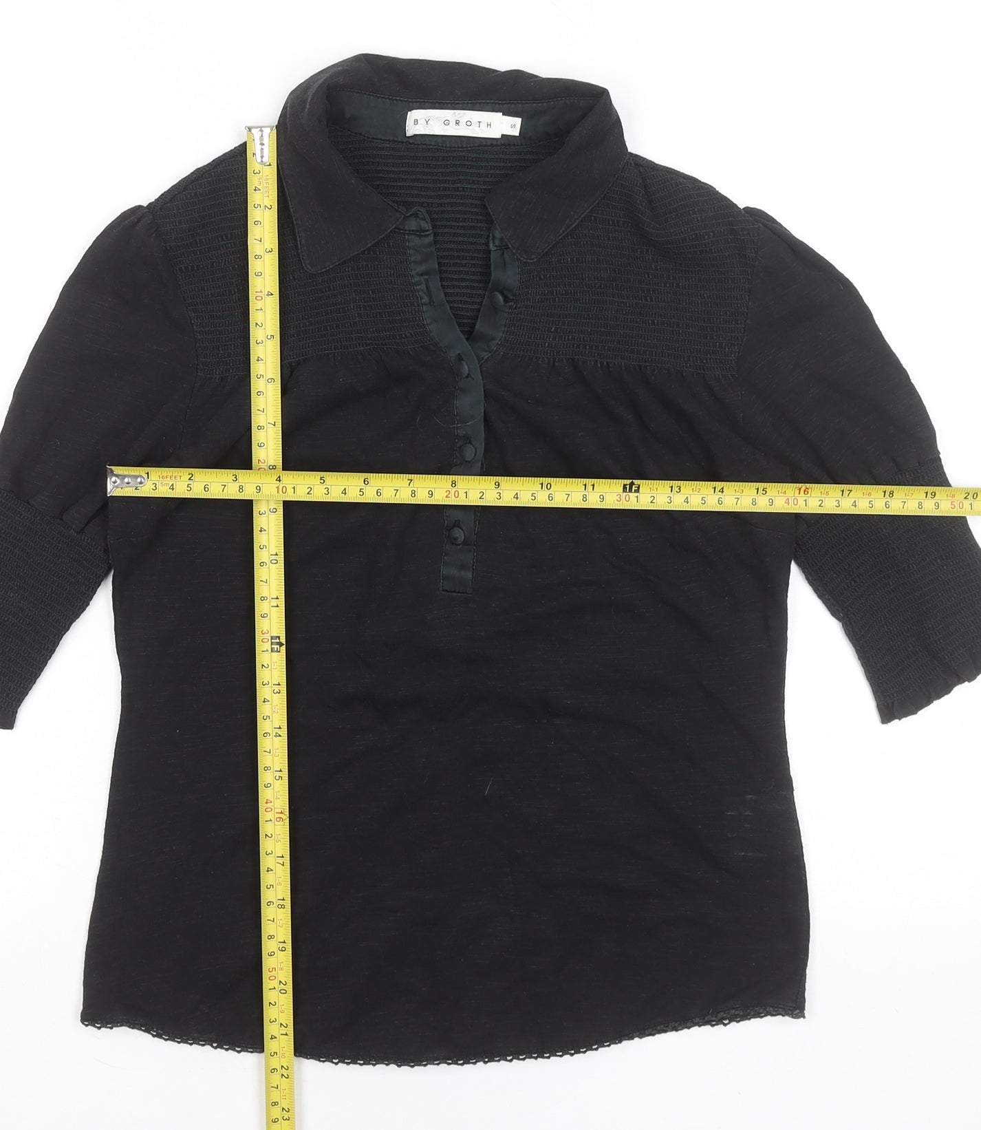 BY GROTH Women's Black Collared Cotton Stretch 3/4 Sleeve Blouse Size S