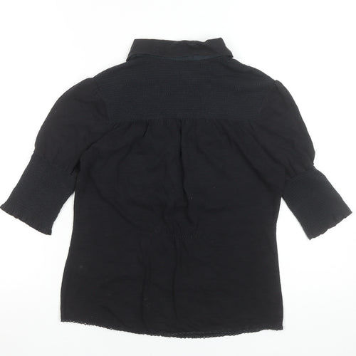 BY GROTH Women's Black Collared Cotton Stretch 3/4 Sleeve Blouse Size S