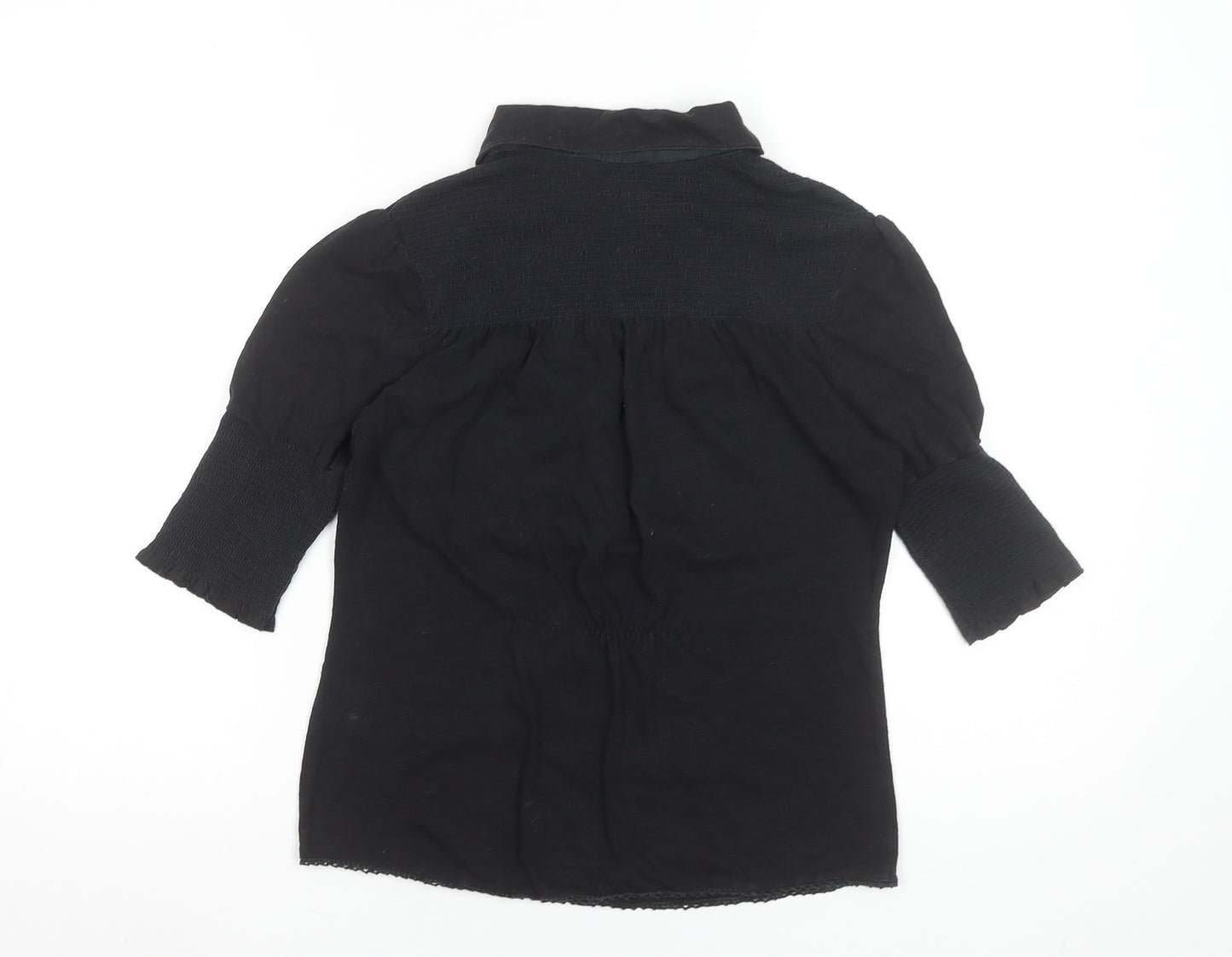 BY GROTH Women's Black Collared Cotton Stretch 3/4 Sleeve Blouse Size S