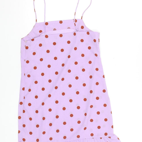 Boohoo Women’s Purple Polka Dot Slip Dress Size 8 Ruffle Hem