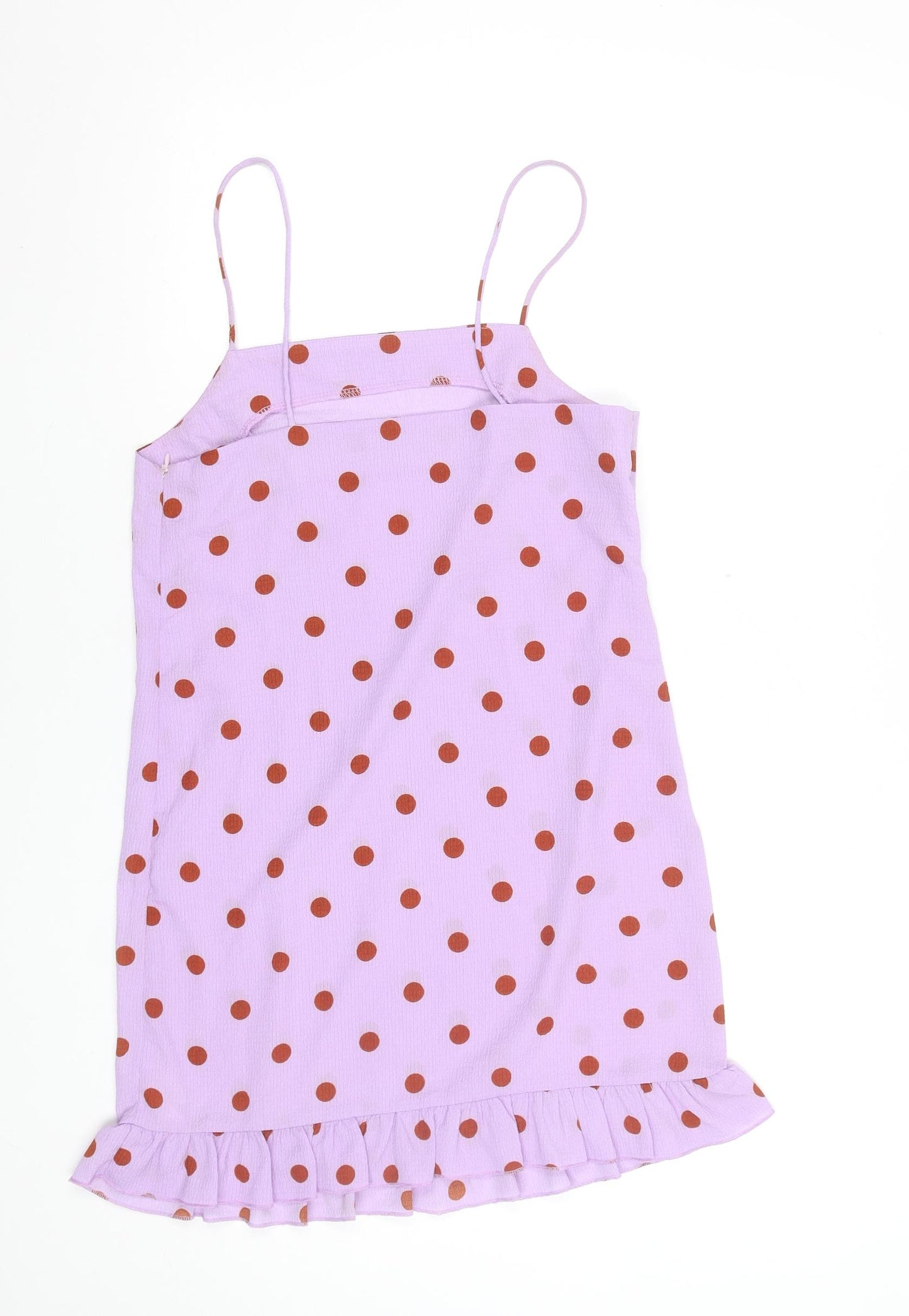 Boohoo Women’s Purple Polka Dot Slip Dress Size 8 Ruffle Hem