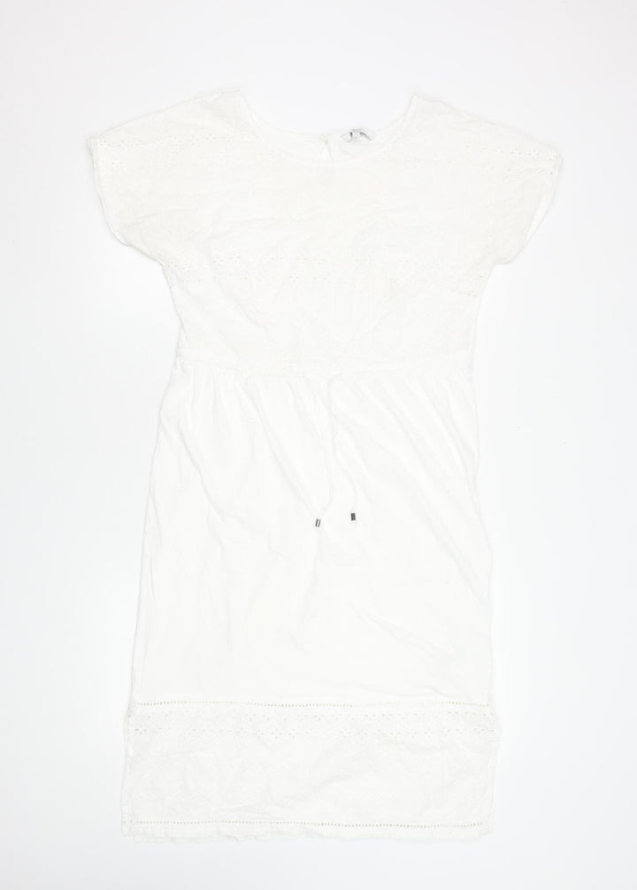 Next Women White Cotton Knee Length Shift Dress Size 10