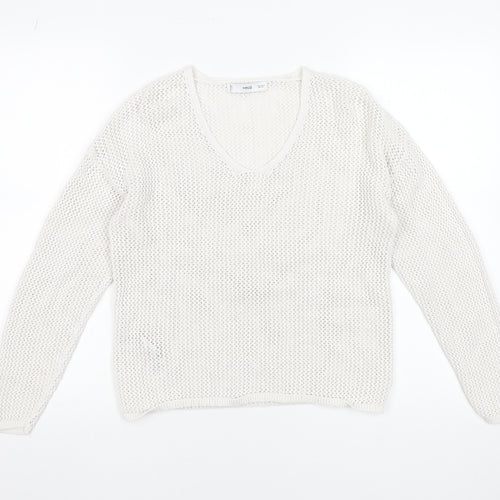 MNG Women's White Cotton Open-Knit V-Neck Jumper Size S